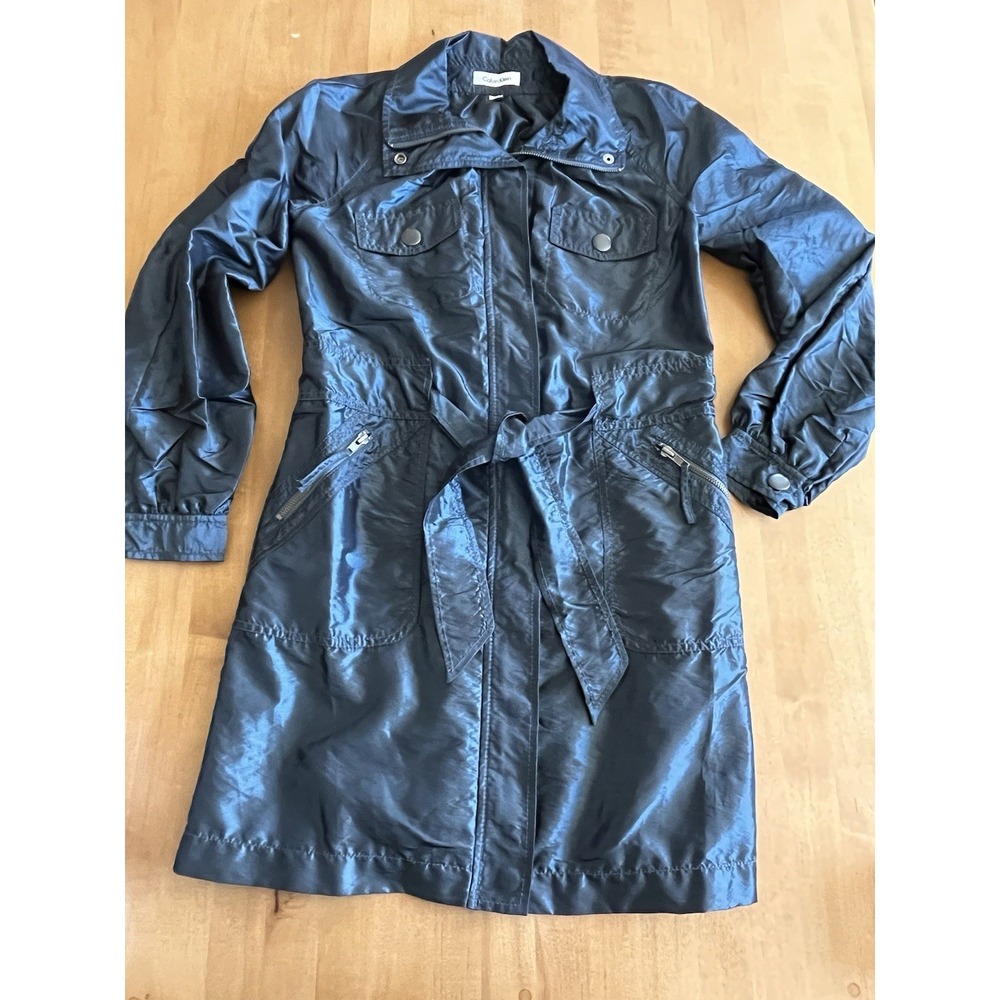 Calvin Klein Women's Trench Coast Jacket Zip‎ Button Shiney Belted 90s Y2K Sz XS